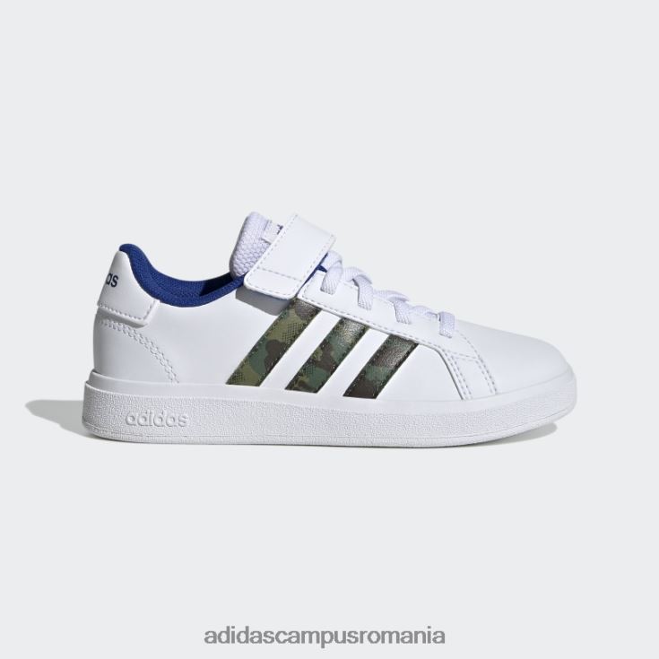 adidas campus romania grand court lifestyle court dantelă elastică și pantofi cu curea superioară verde oxid copii alb/verde oxid/albastru regal J266N211401