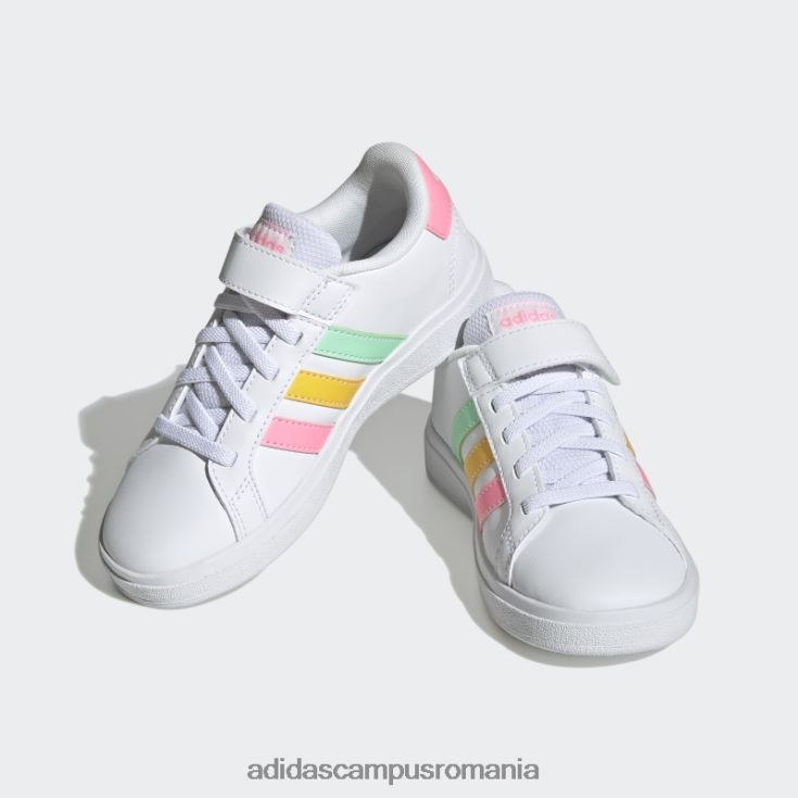 adidas campus romania pantofi cu dantelă elastică grand Court și cu curea superioară copii alb/mentă/roz fascicul J266N218025