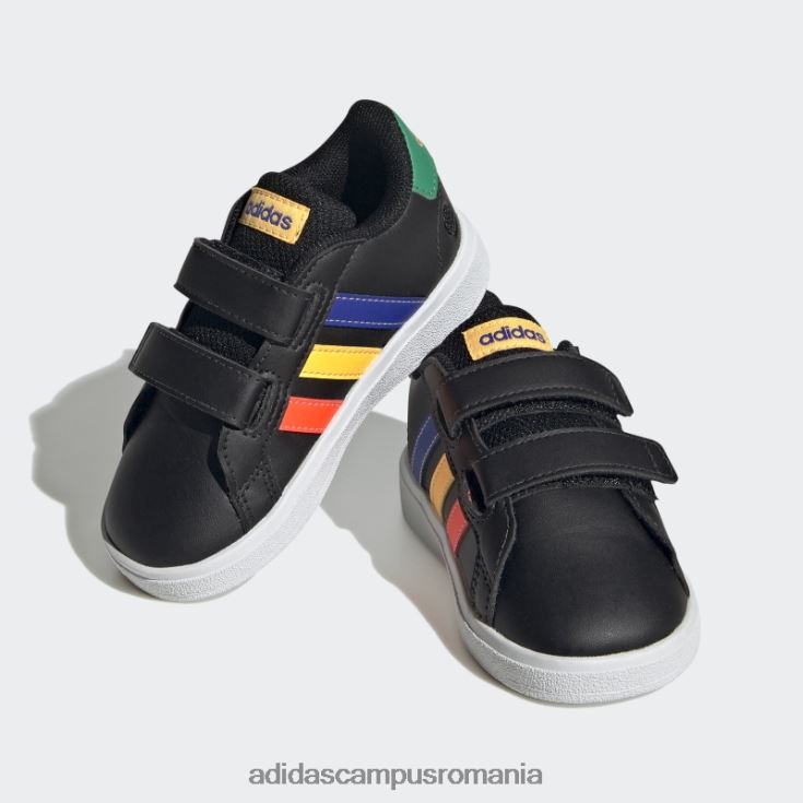 adidas campus romania pantofi negri cu cârlig și buclă, stil de viață grand Court, adidas copii negru/albastru/verde curte J266N217595