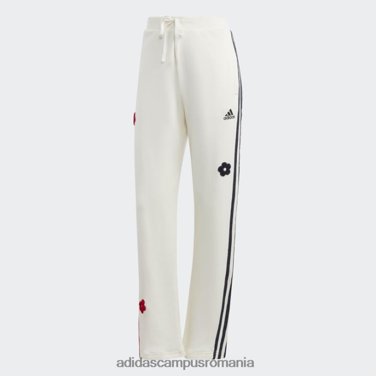 adidas campus romania Pantaloni de jogging albi cu 3 dungi cu talie înaltă, cu flori de chenilie, adidas femei alb J266N29543
