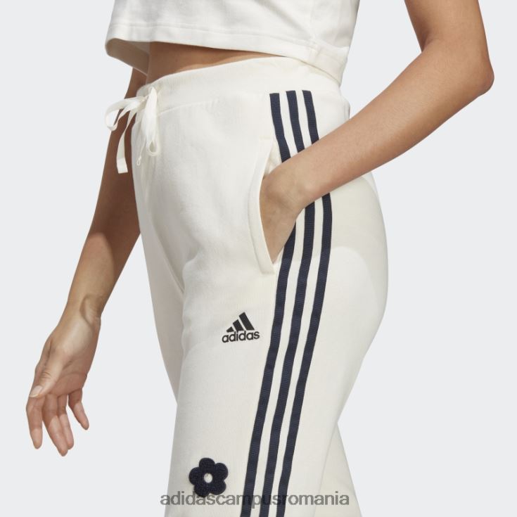 adidas campus romania Pantaloni de jogging albi cu 3 dungi cu talie înaltă, cu flori de chenilie, adidas femei alb J266N29543