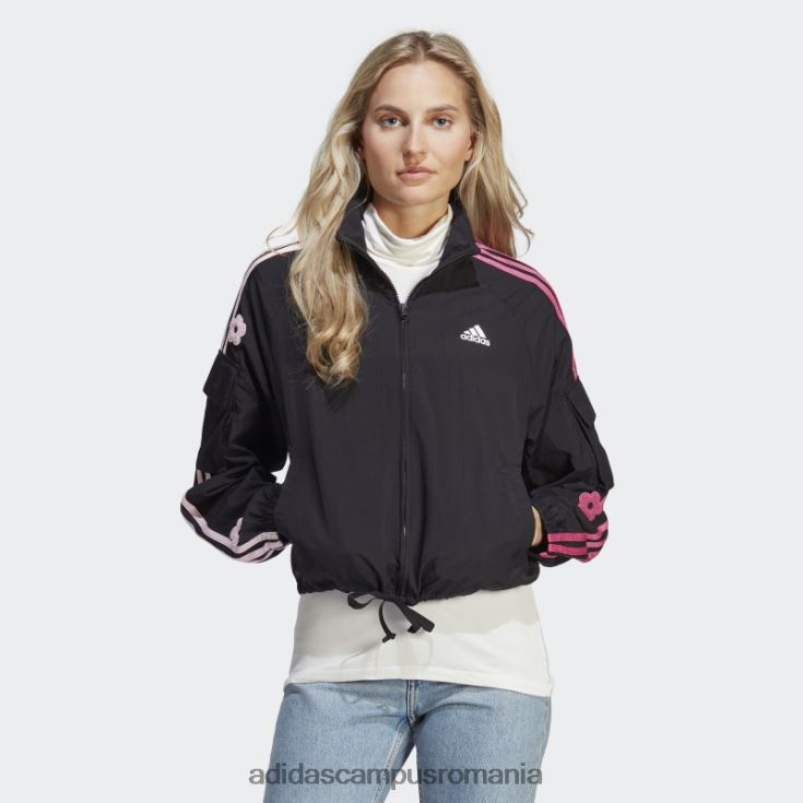 adidas campus romania jachetă neagră, ușoară, cu 3 dungi, cu flori de chenilie femei negru J266N29533