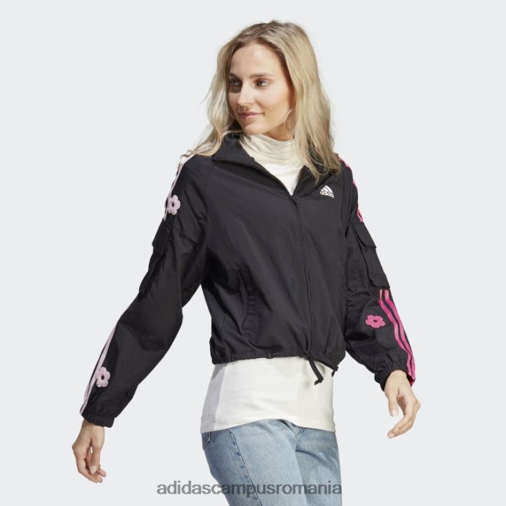 adidas campus romania jachetă neagră, ușoară, cu 3 dungi, cu flori de chenilie femei negru J266N29533