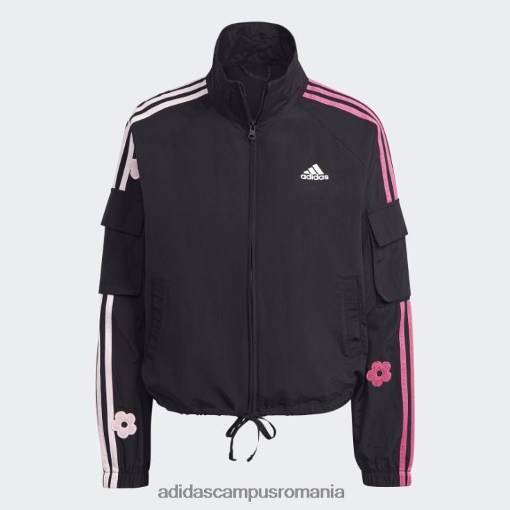 adidas campus romania jachetă neagră, ușoară, cu 3 dungi, cu flori de chenilie femei negru J266N29533