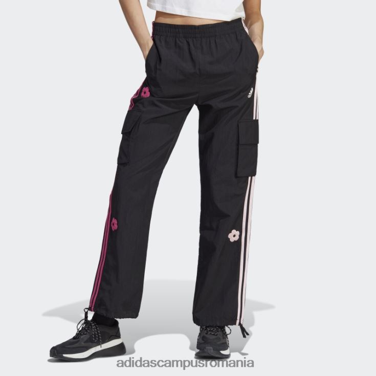 adidas campus romania pantaloni cargo negri cu 3 dungi, cu petice flori de chenilia femei negru J266N29497