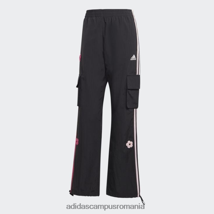 adidas campus romania pantaloni cargo negri cu 3 dungi, cu petice flori de chenilia femei negru J266N29497